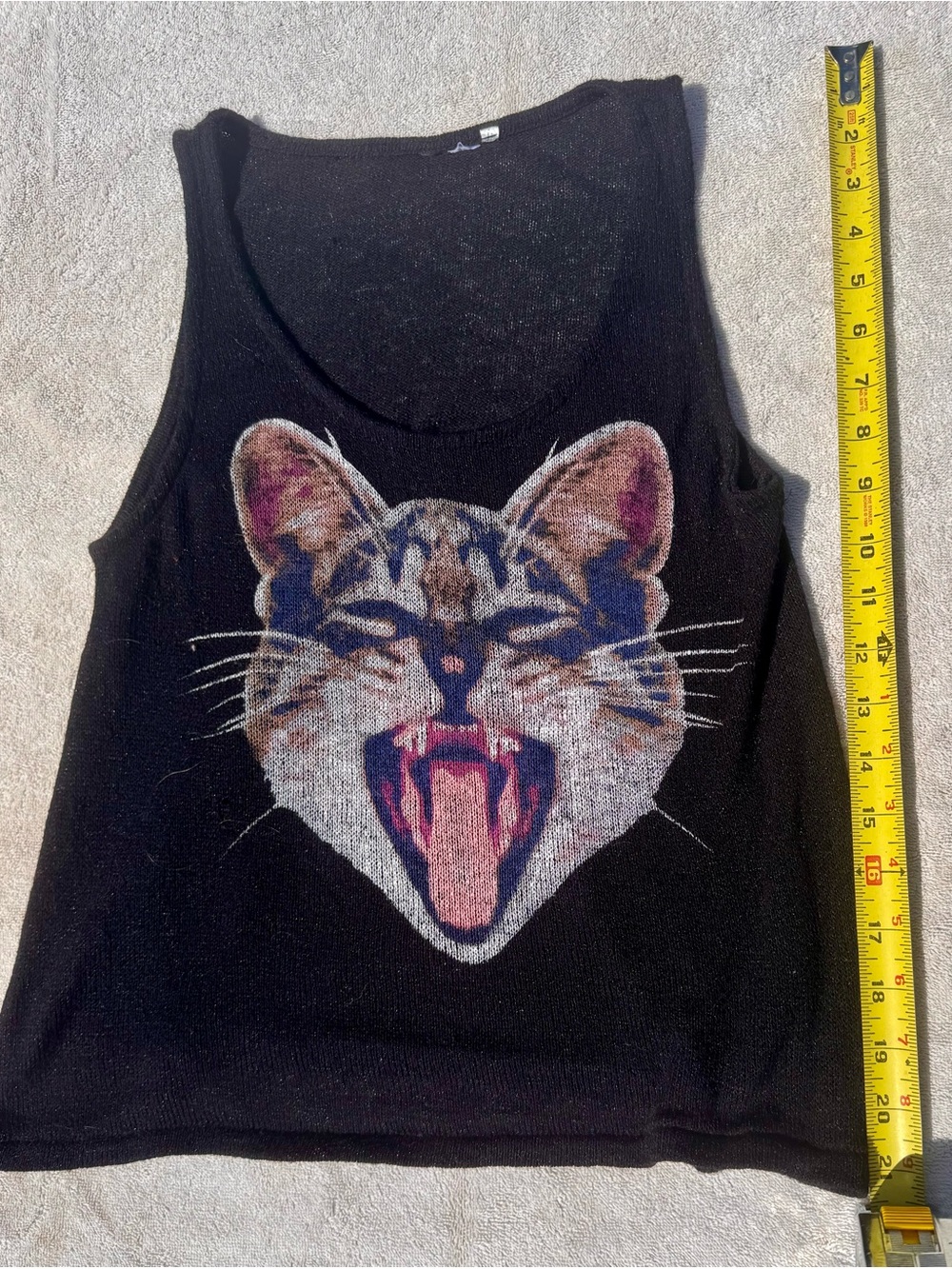 Black Cat Graphic Tank Top with Yawning Cat Print - Unbranded